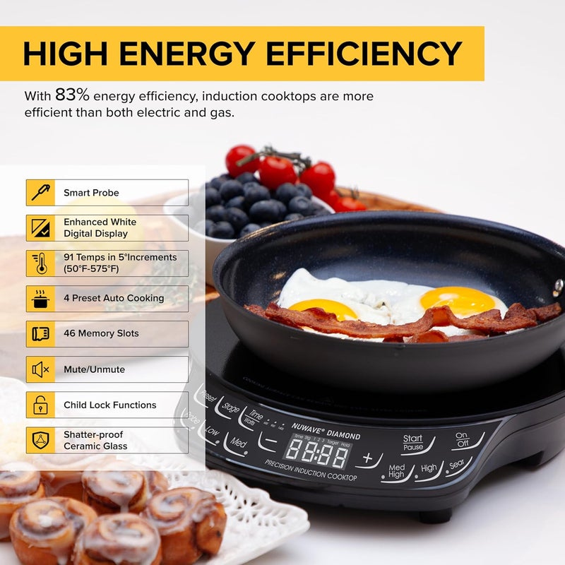 Nuwave Diamond Induction Cooktop, New & Improved Electric Burner with Probe, 91 Temps 50°F to 500°F, 6.5” Heating Coil, Shatter-Proof Ceramic Glass, 3 Wattage Settings, Ideal for Dorms, RVs & Apts - Image 2